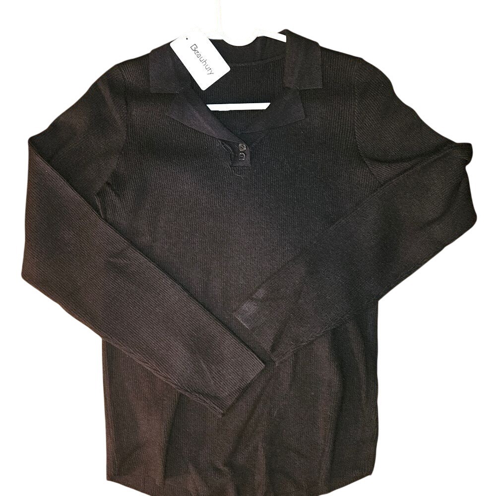 Beauhuty Black Lapel Slim Fitted Shirt NWT | Large Snug‎ Long Sleeve Blouse